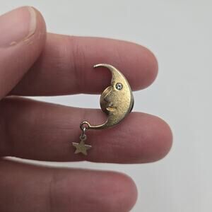 Vtg Avon Celestial Moon Face Dangle Stars Rhinestone Eye Tie Tack Pin Brooch